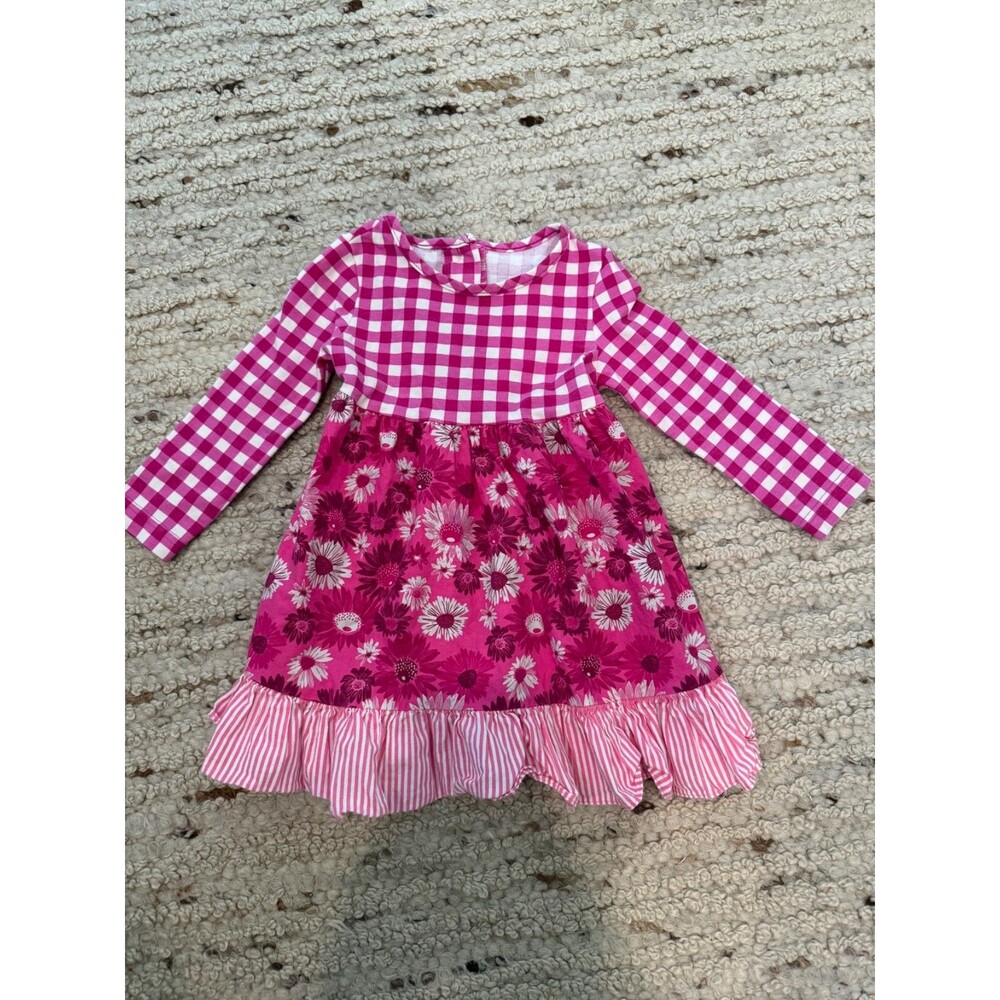 Ricrac & Ruffles Girls 2T Pink Gingham Floral Long Sleeve Dress Ruffle Hem